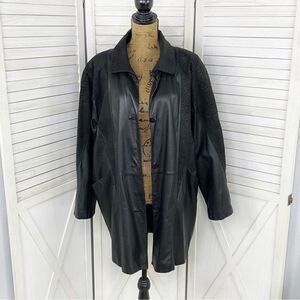 Pelle Vtg 80s Coat Womens Sz Large Black Leather Suede Overcoat Pockets Embossed